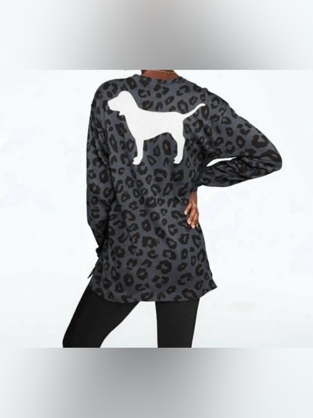 VS PINK LONG SLEEVE CAMPUS TEE GRAY SNOW LEOPARD CHEETAH DOG PUP LOGO HTF RARE M